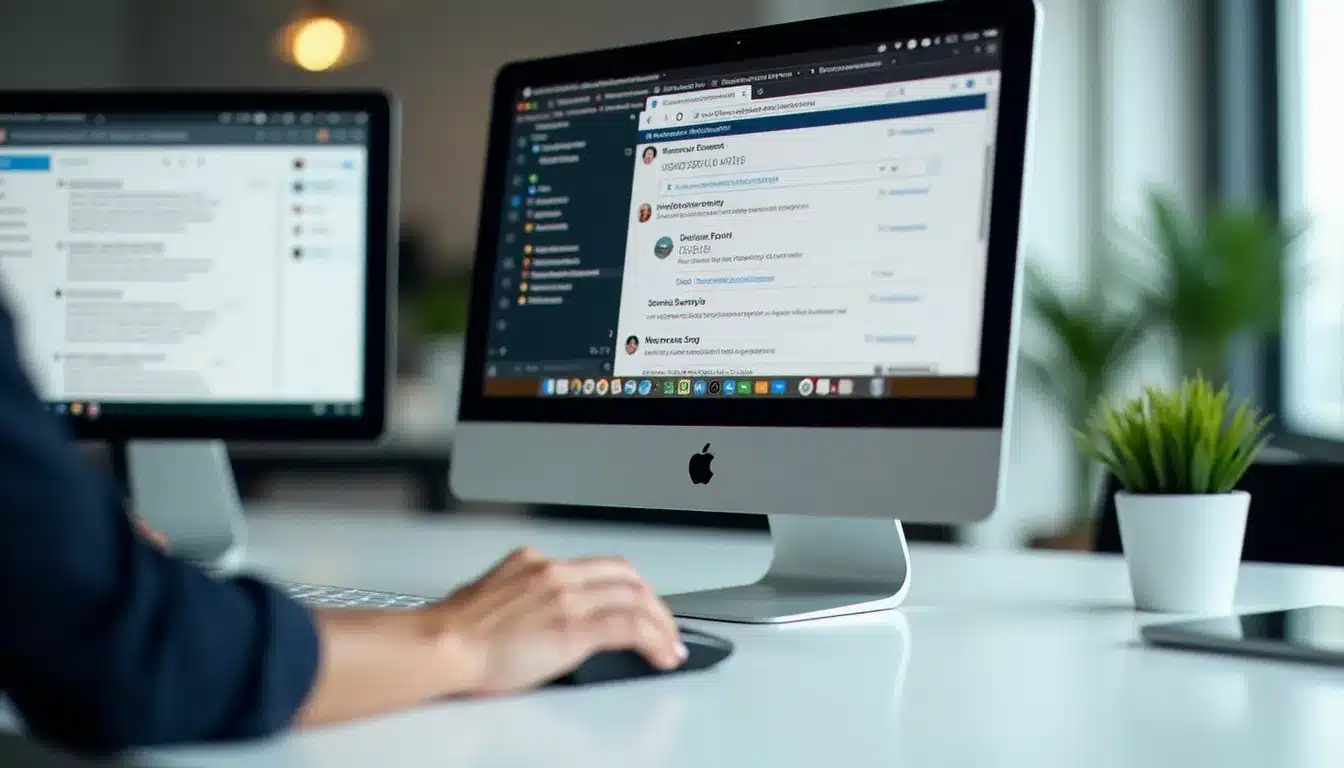 Comparaison de deux interfaces de messagerie email sur écrans côte à côte dans un bureau moderne