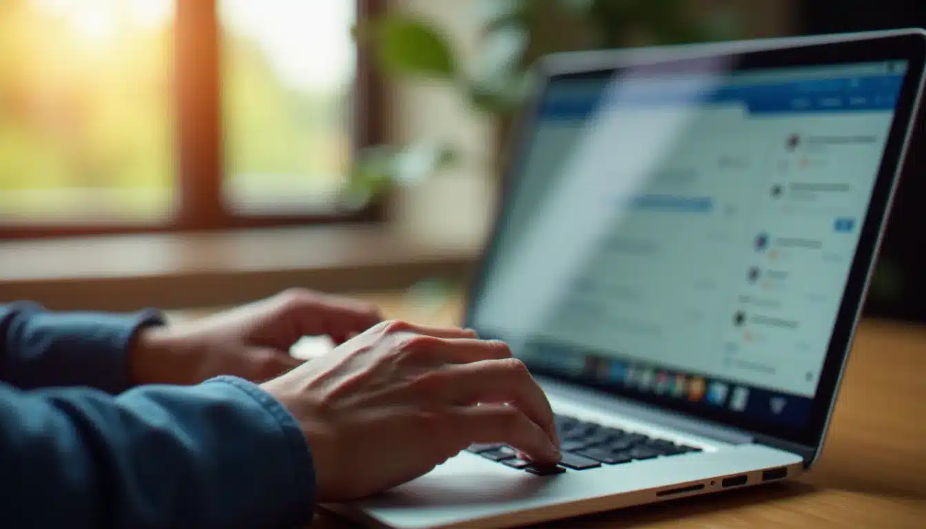 Personne utilisant AOL Mail FR sur un ordinateur portable dans un bureau lumineux