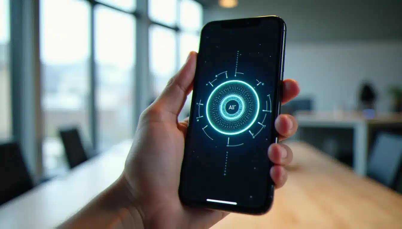 Gros plan d'un iPhone 17 affichant une interface Apple Intelligence dans un bureau moderne, illustrant les nouveautés IA de l'appareil