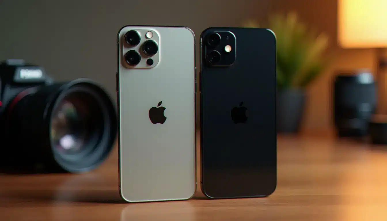 iPhone 17 Pro et Pro Max posés côte à côte sur un bureau en bois avec un objectif photo au second plan, illustrant le positionnement photo professionnel des deux appareils