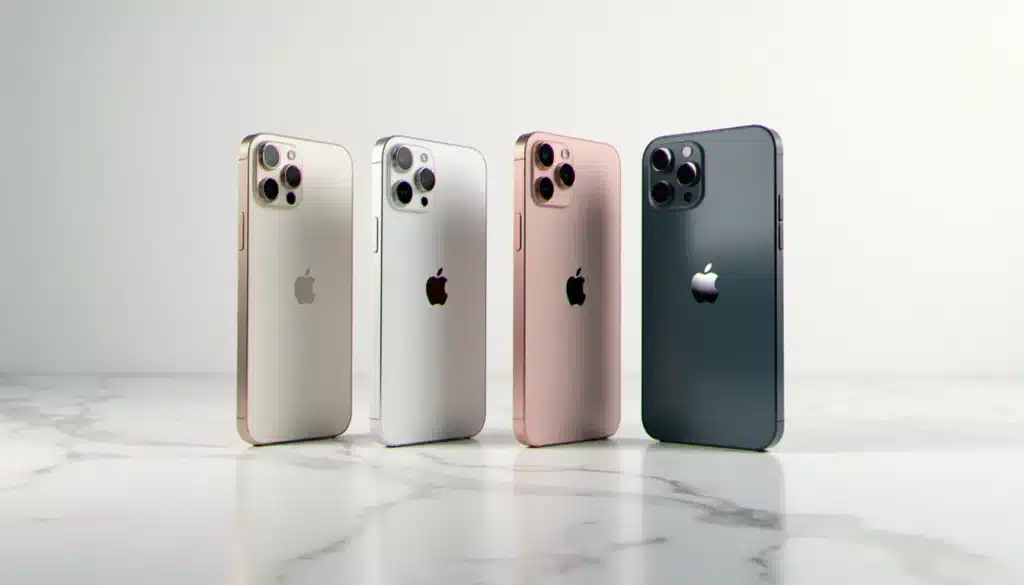 Les quatre modèles de l'Apple iPhone 17 côte à côte — standard, Air, Pro et Pro Max — sur fond blanc épuré