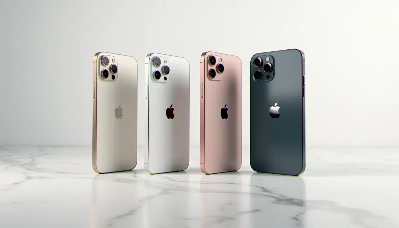 Les quatre modèles de l'Apple iPhone 17 côte à côte — standard, Air, Pro et Pro Max — sur fond blanc épuré