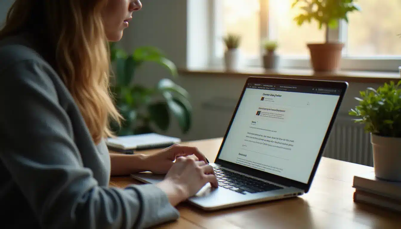Un propriétaire de commerce répondant à des avis clients sur son ordinateur portable, dans un bureau à domicile éclairé naturellement