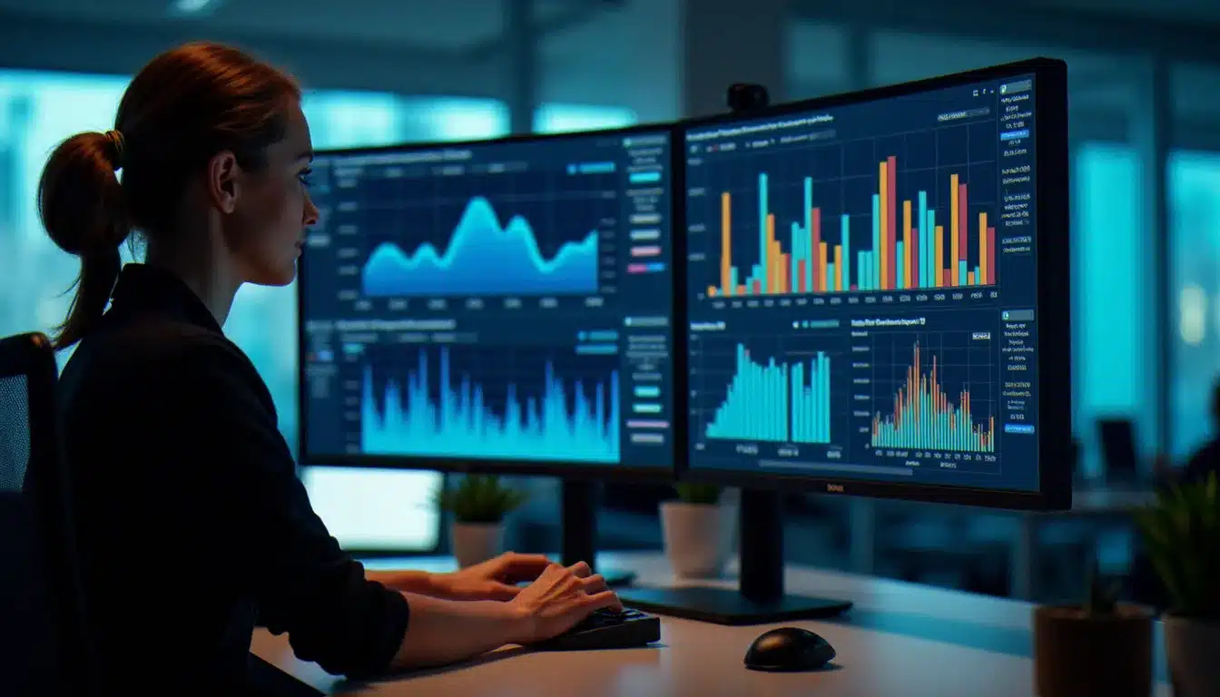 Un professionnel comparant différents outils de gestion d'avis Google sur un écran large dans un environnement de bureau moderne