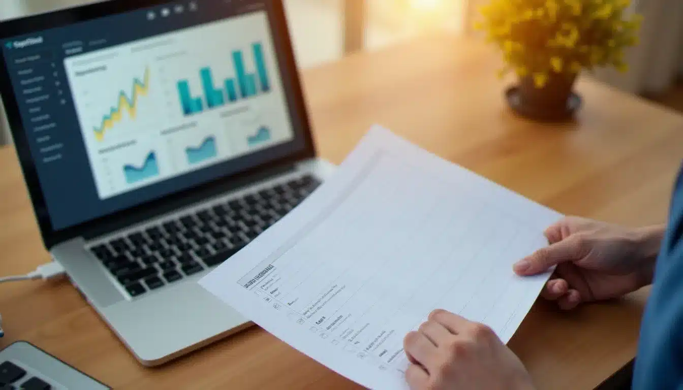 Mains tenant une liste de vérification imprimée lors d'une analyse de benchmark méthodique, avec un ordinateur portable affichant des tableaux de bord