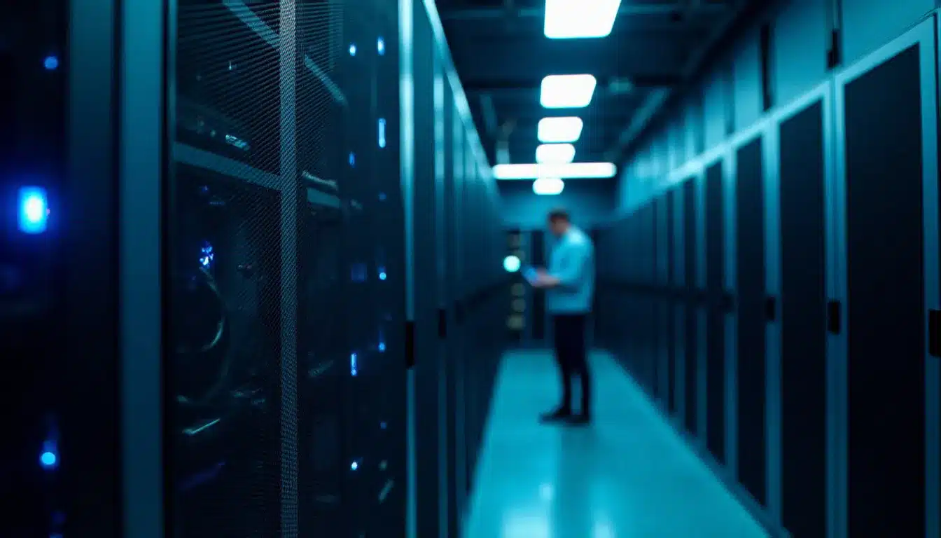Baie de serveurs dans un centre de données moderne illustrant les tests de performance et benchmark informatique de systèmes
