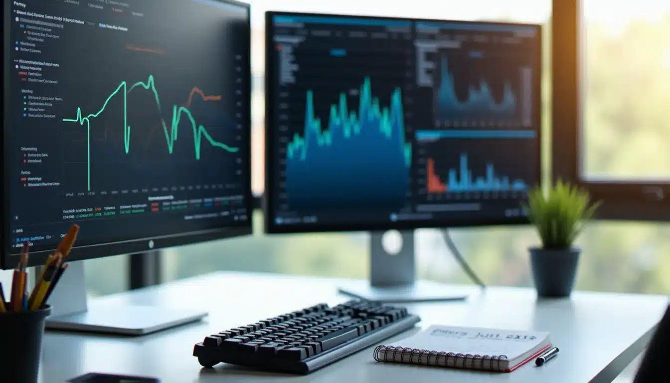 Bureau professionnel avec deux écrans affichant des graphiques de benchmark et de comparaison de performances informatiques