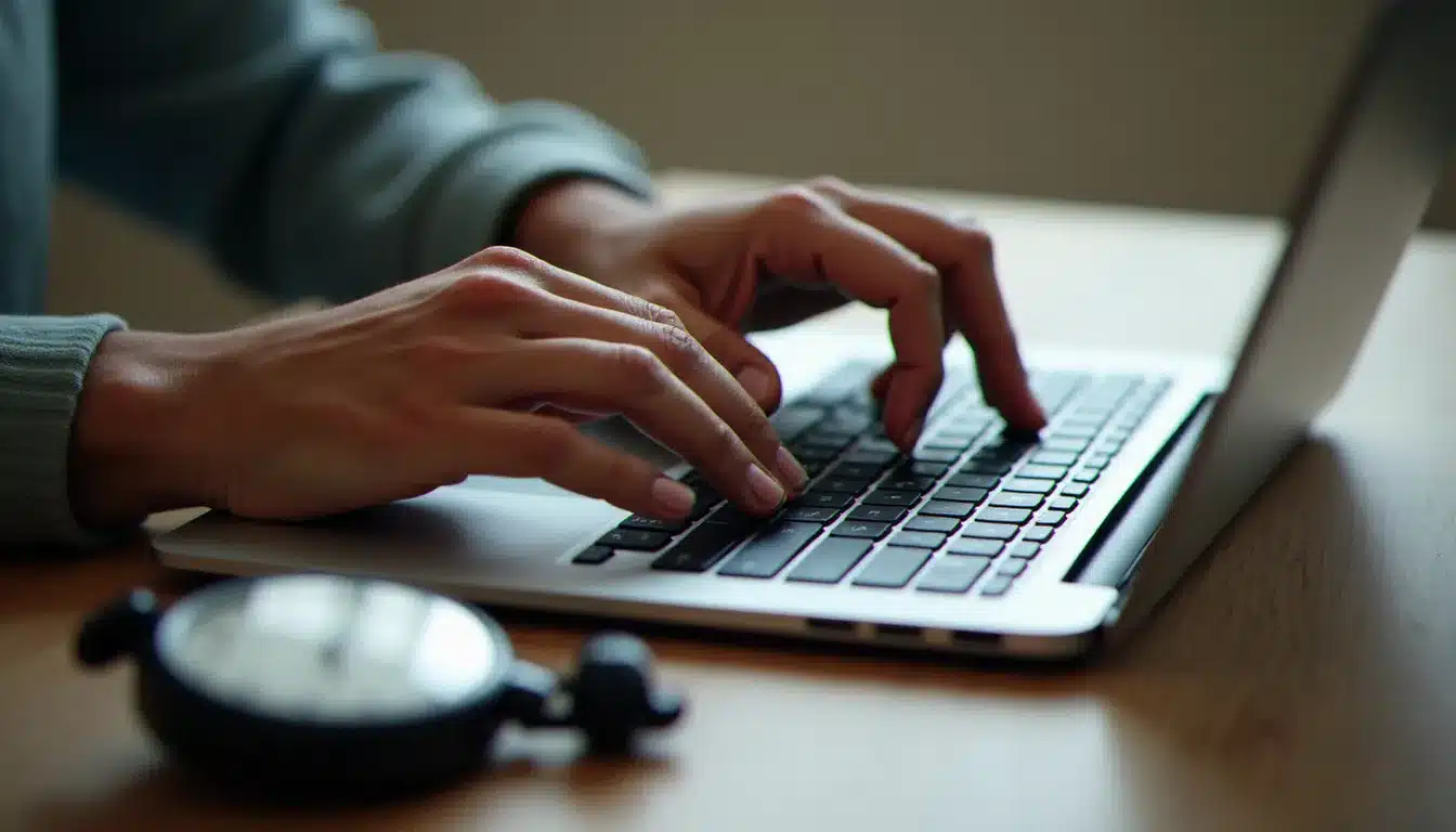 Mains au-dessus d'un clavier d'ordinateur avec un chronomètre posé à côté, illustrant la vitesse de frappe nécessaire au jeu de la bombe