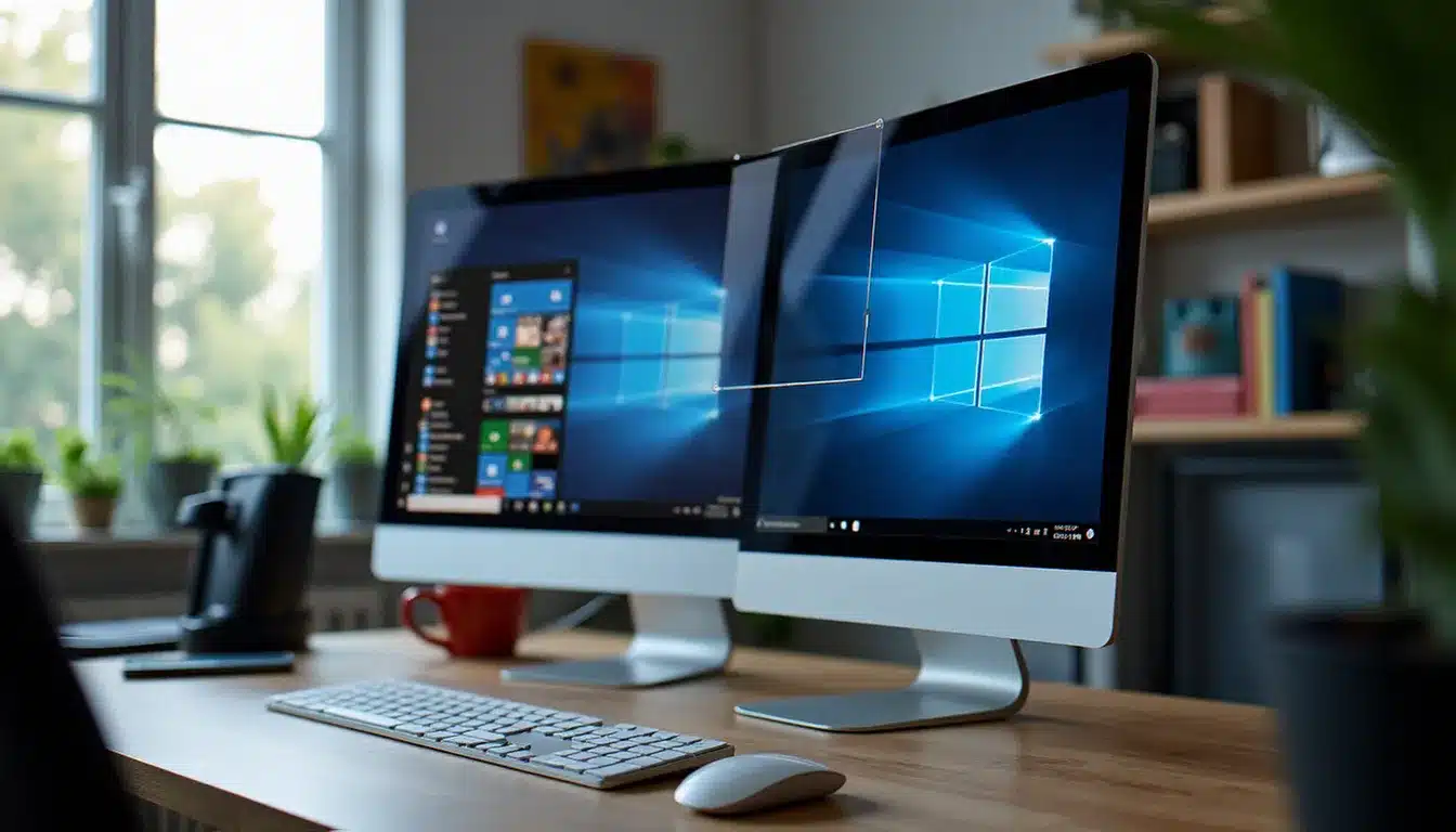 Poste de travail avec deux écrans affichant l'outil de capture d'écran Windows avec une zone de sélection active
