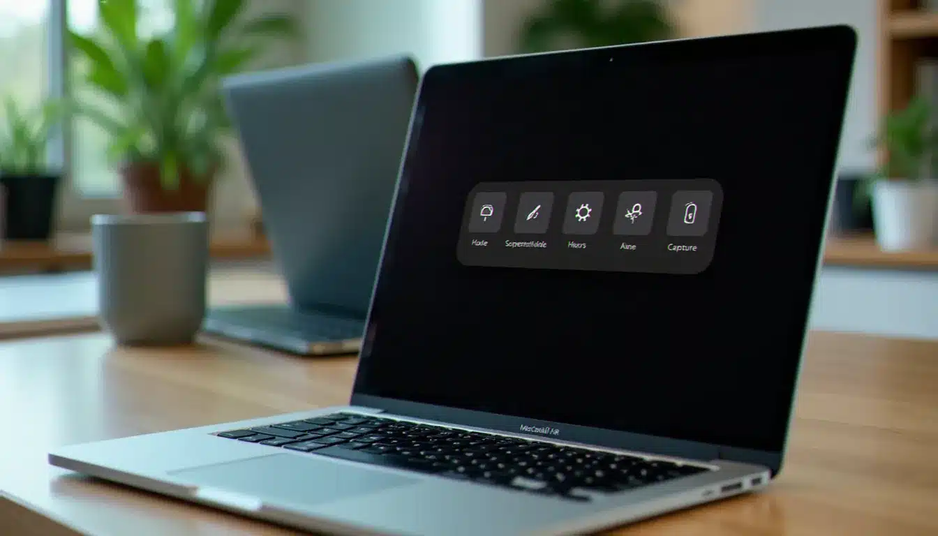 Écran Mac affichant la barre d'outils capture d'écran macOS avec les différents modes de capture visibles en bas de l'écran