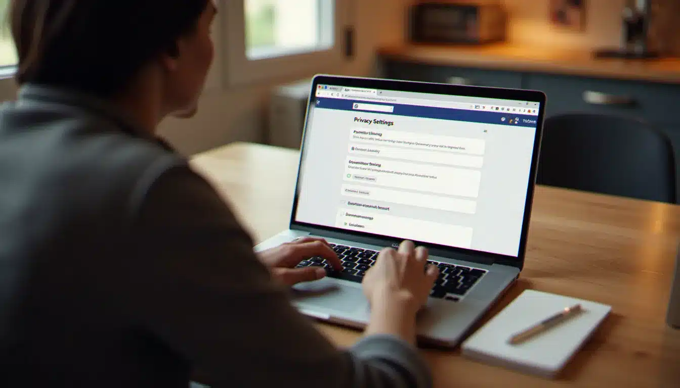 Personne assise à un bureau utilisant un ordinateur portable pour accéder aux paramètres de confidentialité d'un compte sur un navigateur web