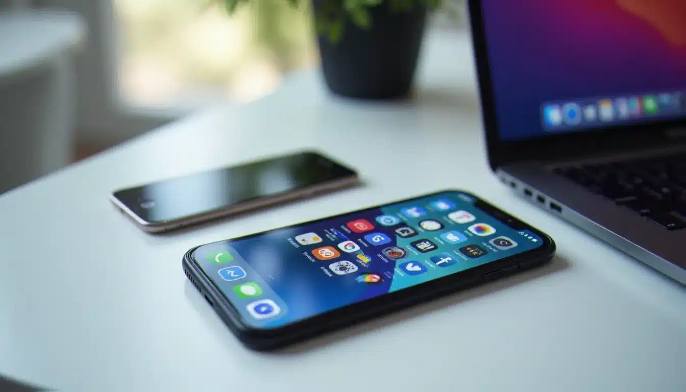 Smartphone et ordinateur portable côte à côte sur un bureau blanc affichant des icônes d'applications de réseaux sociaux de l'écosystème Meta