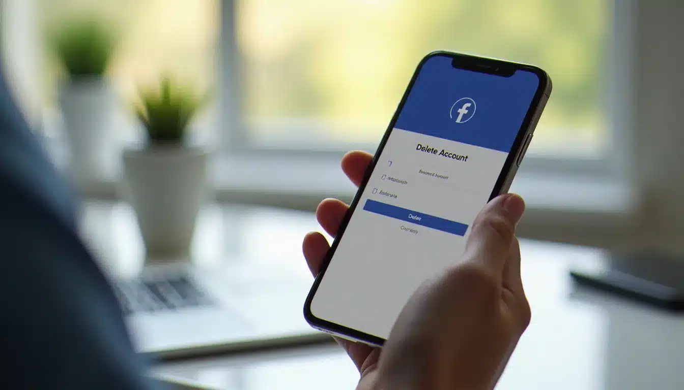Mains tenant un smartphone affichant les paramètres d'un compte Facebook avec l'option pour supprimer un compte Facebook visible à l'écran