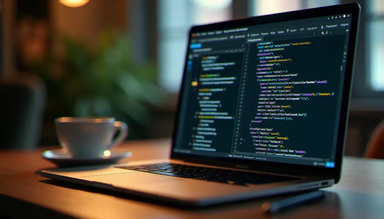 Bureau de développeur avec laptop affichant du code Android, représentant le mécanisme FileProvider qui génère les URI de type content:// sur Android