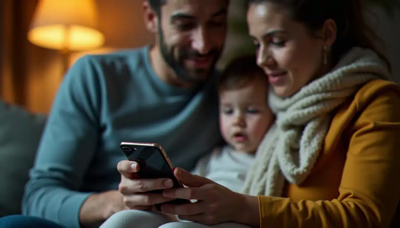 Parent et enfant regardant ensemble un smartphone avec les paramètres de contrôle parental AppBlock actifs, dans un salon familial