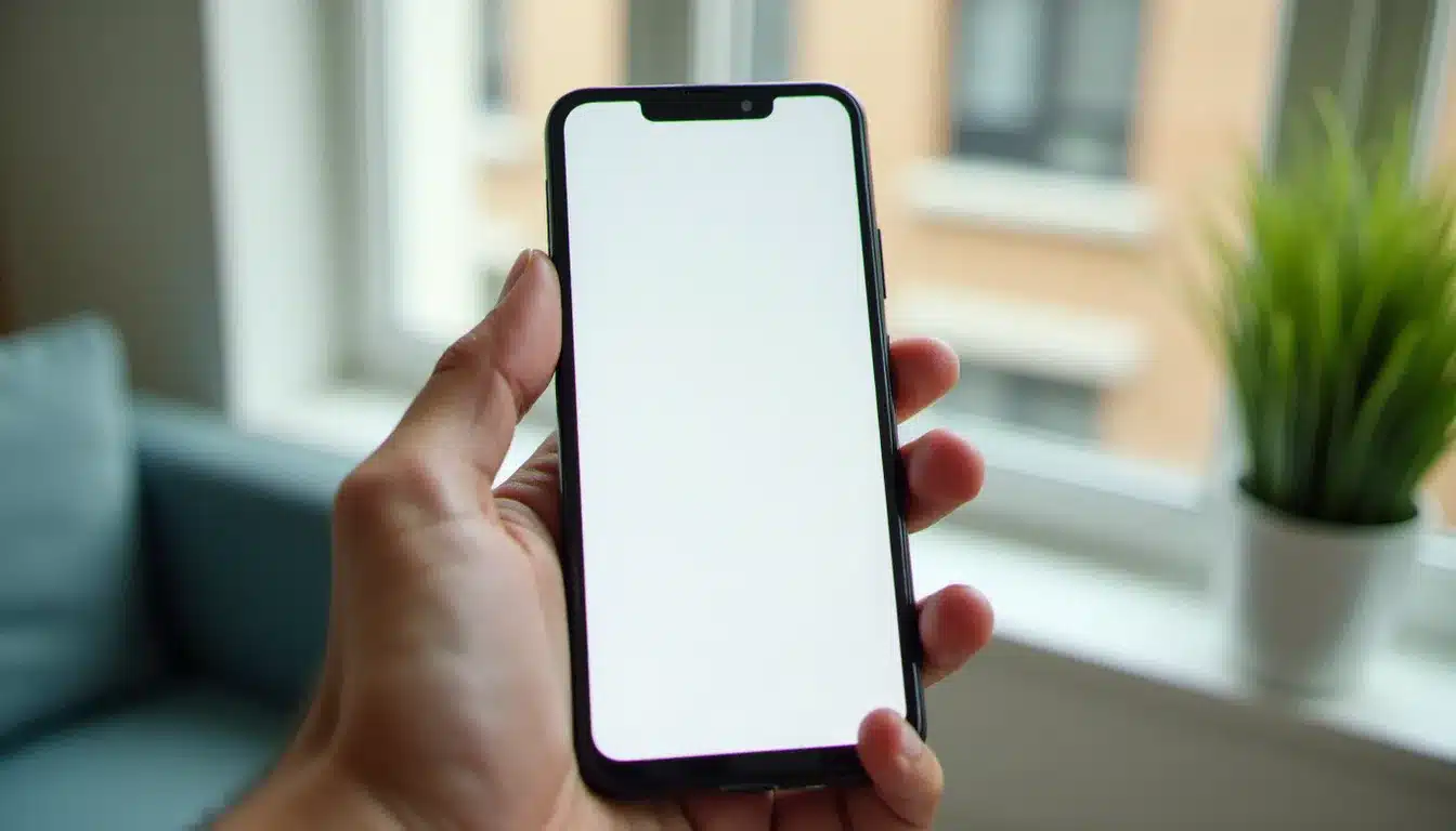 Smartphone Android affichant une page blanche dans le navigateur, illustrant le comportement de content://cz.mobilesoft.appblock.fileprovider/cache/blank.html lors d'un blocage d'application