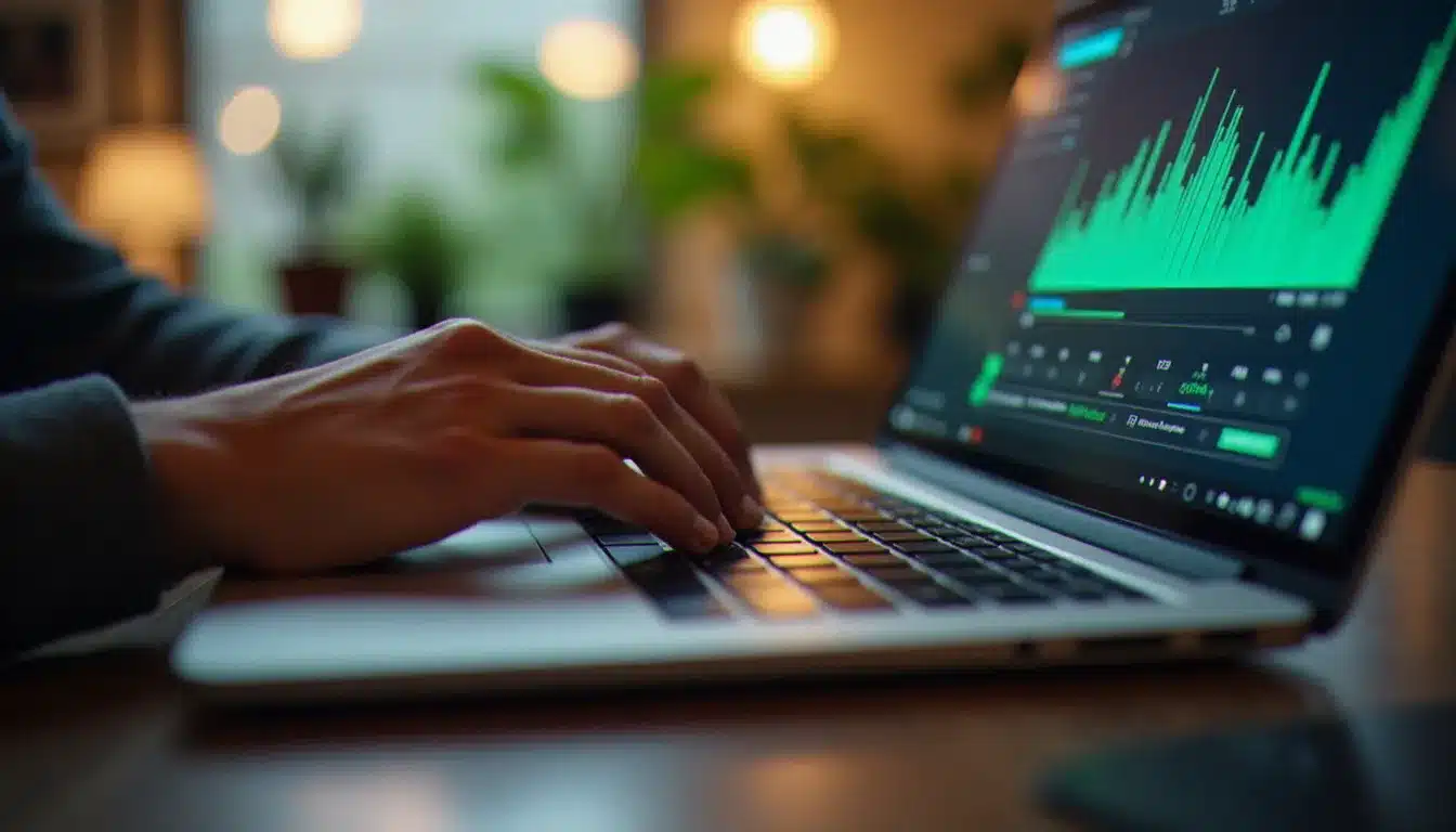 Mains sur un clavier d'ordinateur portable avec une interface de formation en ligne affichée à l'écran lors d'un cours Coursera