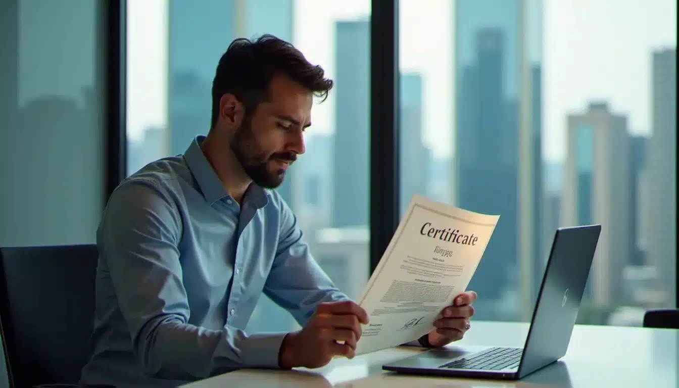 Homme d'affaires examinant un certificat de formation en ligne obtenu sur une plateforme comme Coursera dans un bureau moderne