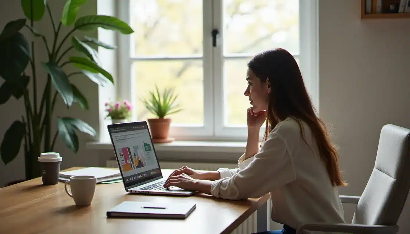 Femme concentrée sur son ordinateur portable suivant un cours en ligne Coursera depuis son bureau à domicile