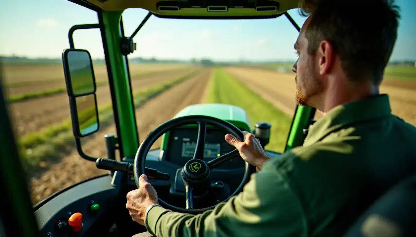 Intérieur de la cabine d'un tracteur moderne avec tableau de bord numérique, vue sur un champ agricole, représentant la prise en main de Farming Simulator 25