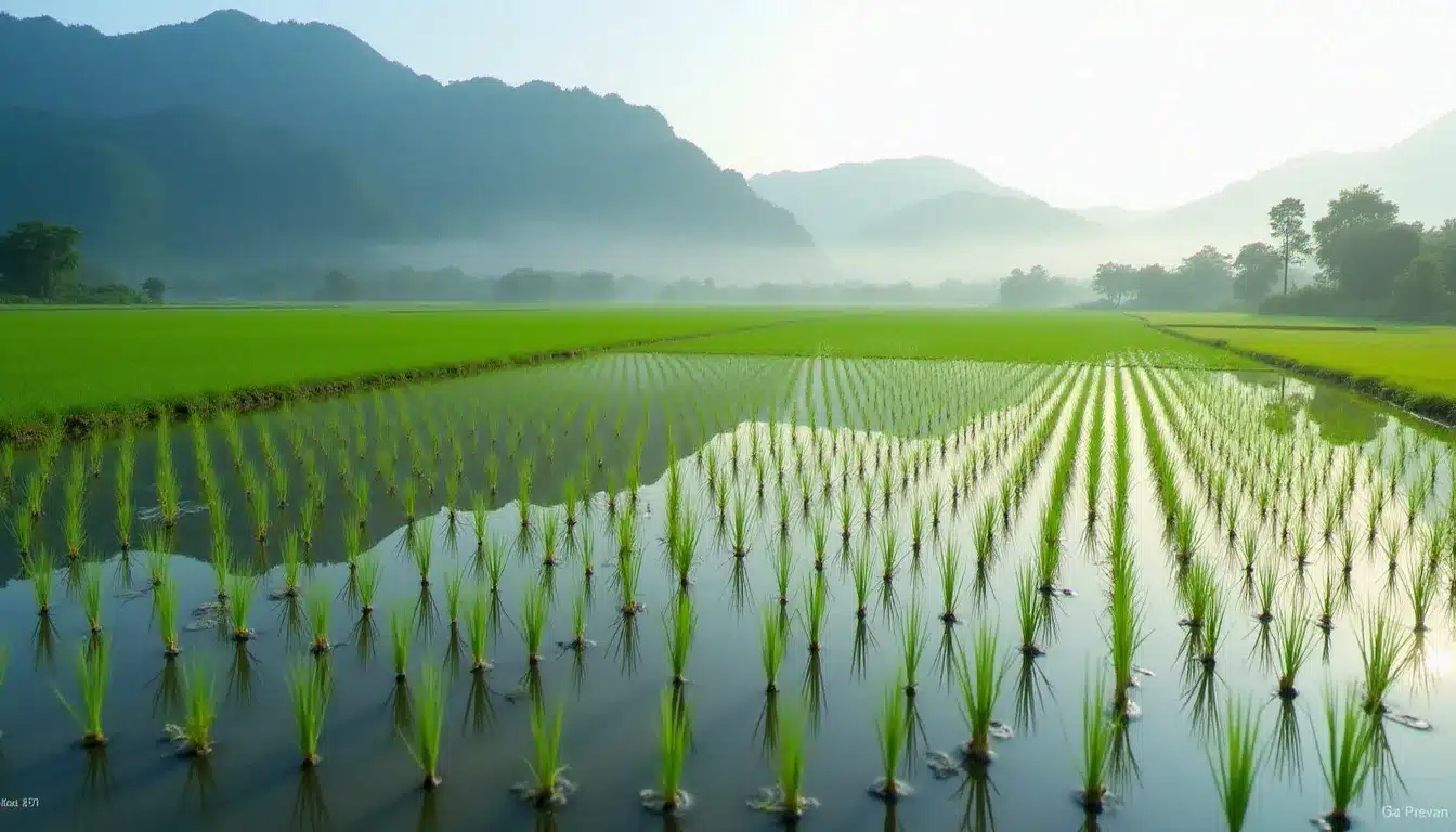 Rizières inondées avec de jeunes plants de riz en rangées régulières, paysage brumeux inspiré de l'Asie du Sud-Est, illustrant la nouvelle culture du riz dans Farming Simulator 25