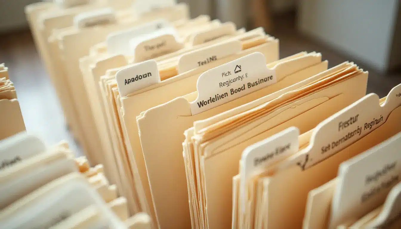 Vue de dessus d'un bureau épuré avec des dossiers bien organisés illustrant une méthode d'organisation de fichiers efficace
