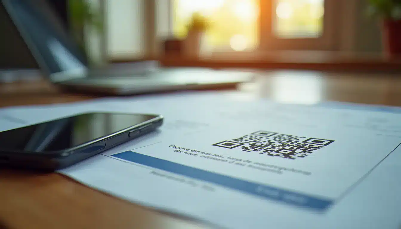 Smartphone en train de scanner le QR code d'un document gouvernemental pour vérifier son authenticité en ligne