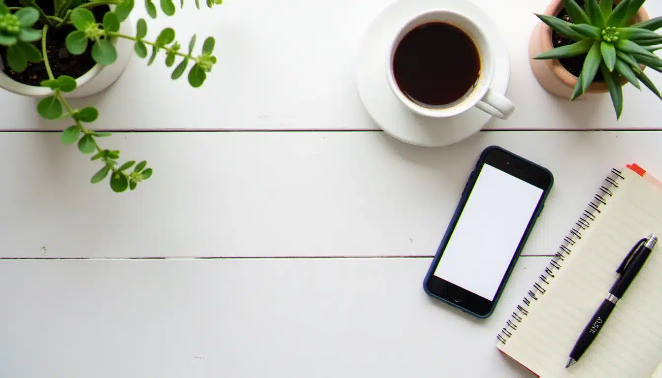Vue de dessus d'un bureau créatif avec smartphone en mode création de story Instagram, carnet de notes et tasse de café