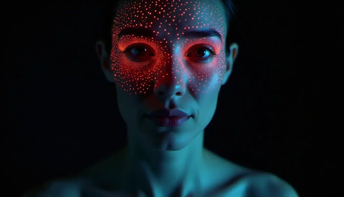Visage humain scanné par le système Face ID d'un smartphone, avec projection infrarouge visible dans une pièce sombre illustrant la reconnaissance faciale 3D