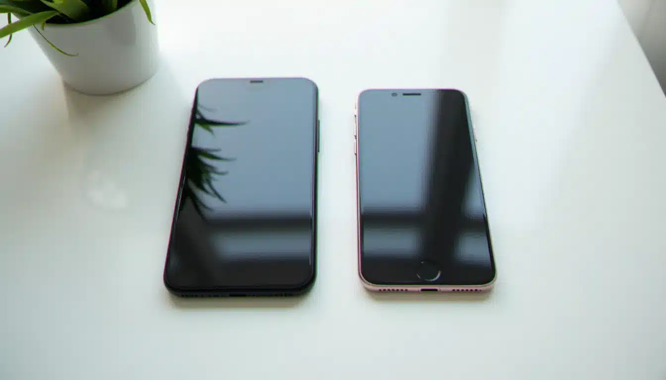 Comparaison côte à côte d'un ancien iPhone avec bouton Home et d'un modèle récent sans bordures, illustrant l'évolution du design introduit par l'iPhone X