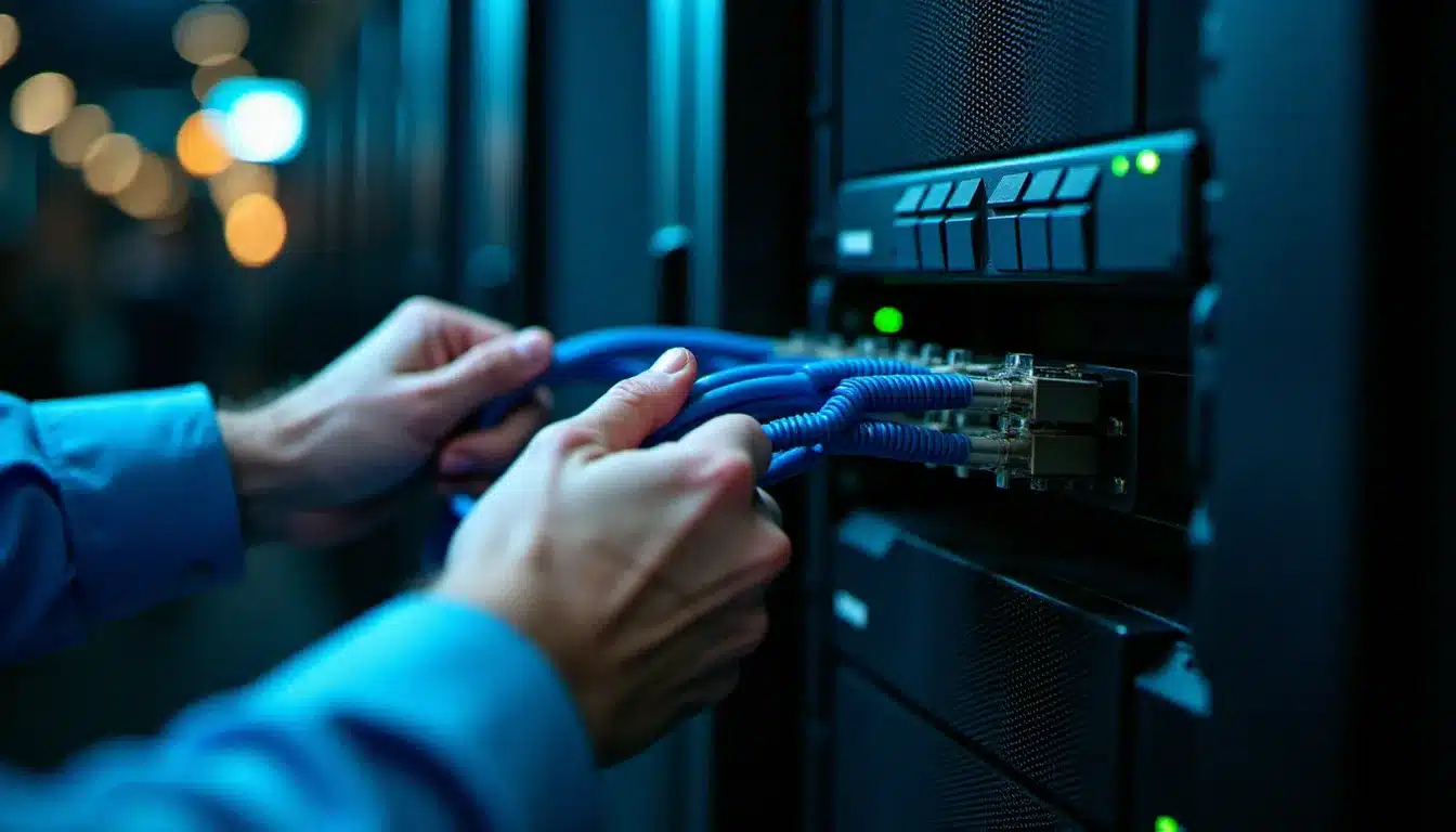 Technicien IT branchant des câbles réseau dans une baie de serveurs, illustrant les infrastructures et réseaux au cœur de l'IT
