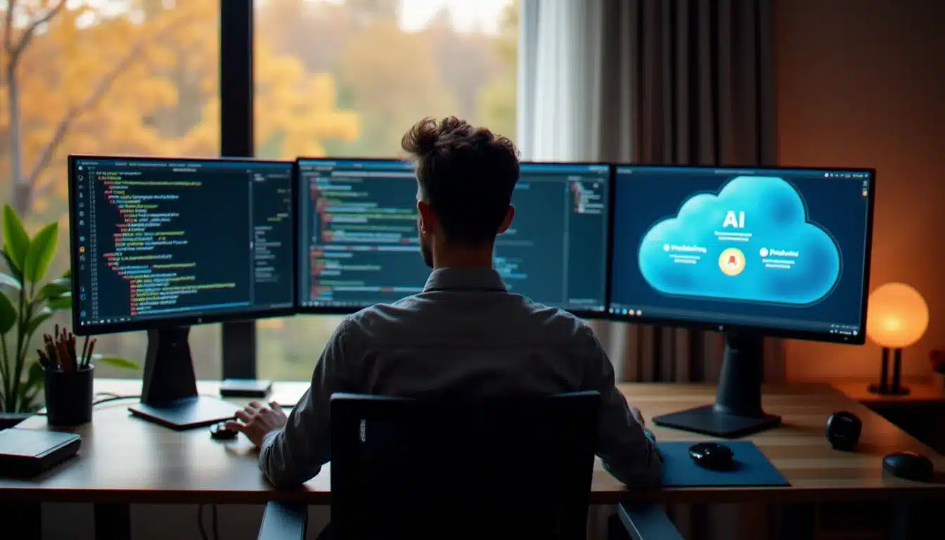 Développeur travaillant sur un poste multi-écrans avec du code, un diagramme cloud et une interface IA, symbole de la transformation de l'IT par le cloud et l'intelligence artificielle