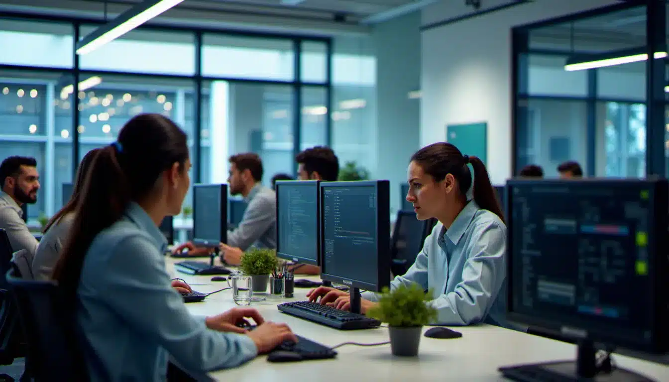 Équipe IT au travail dans un open space moderne avec écrans multiples et salle serveurs en arrière-plan, illustrant les métiers de l'informatique professionnelle