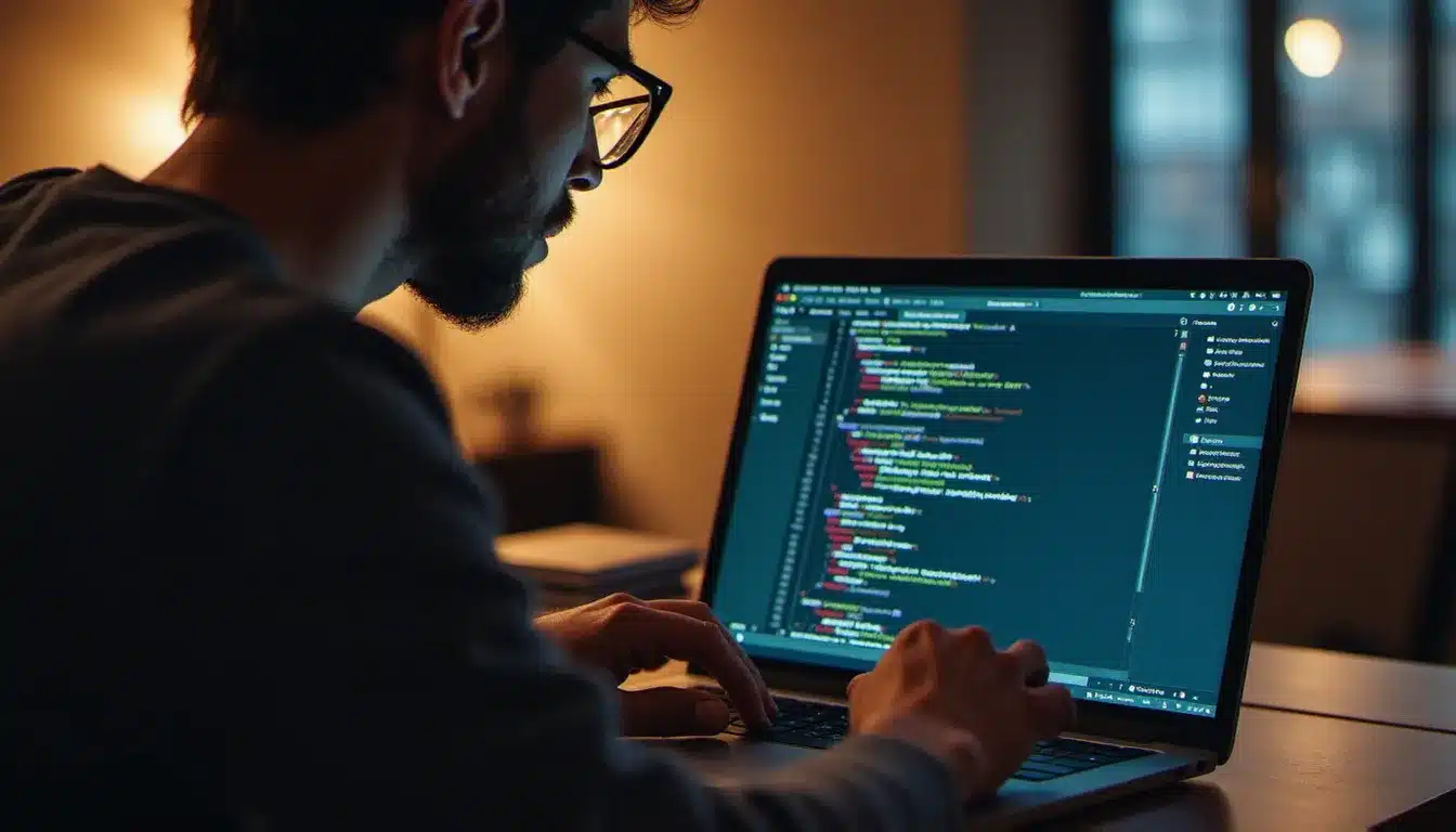 Développeur intégrant une API d'envoi d'emails transactionnels sur son ordinateur dans un bureau à domicile
