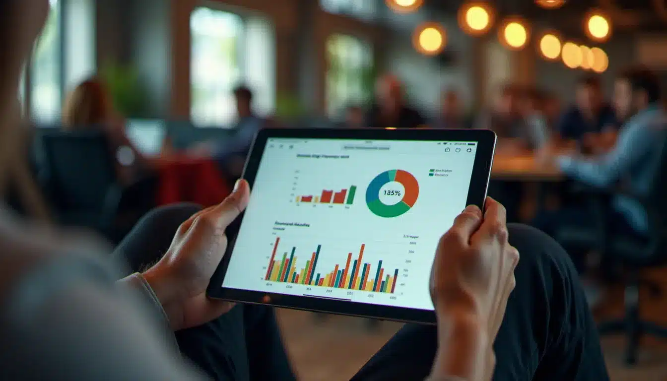 Professionnel analysant les statistiques d'une campagne emailing sur une tablette dans un espace de coworking contemporain
