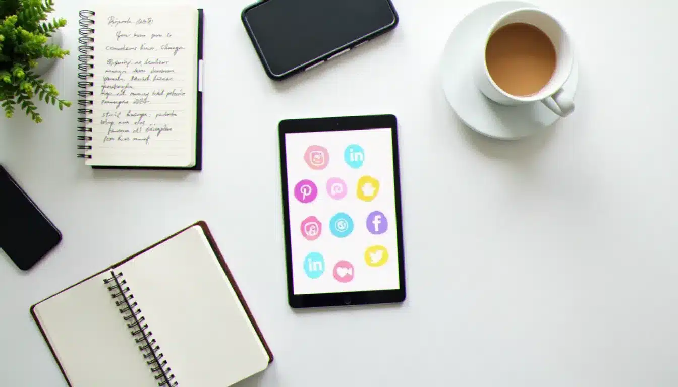 Vue aérienne d'un bureau avec tablette affichant les différents canaux du marketing digital, carnet de notes et smartphone