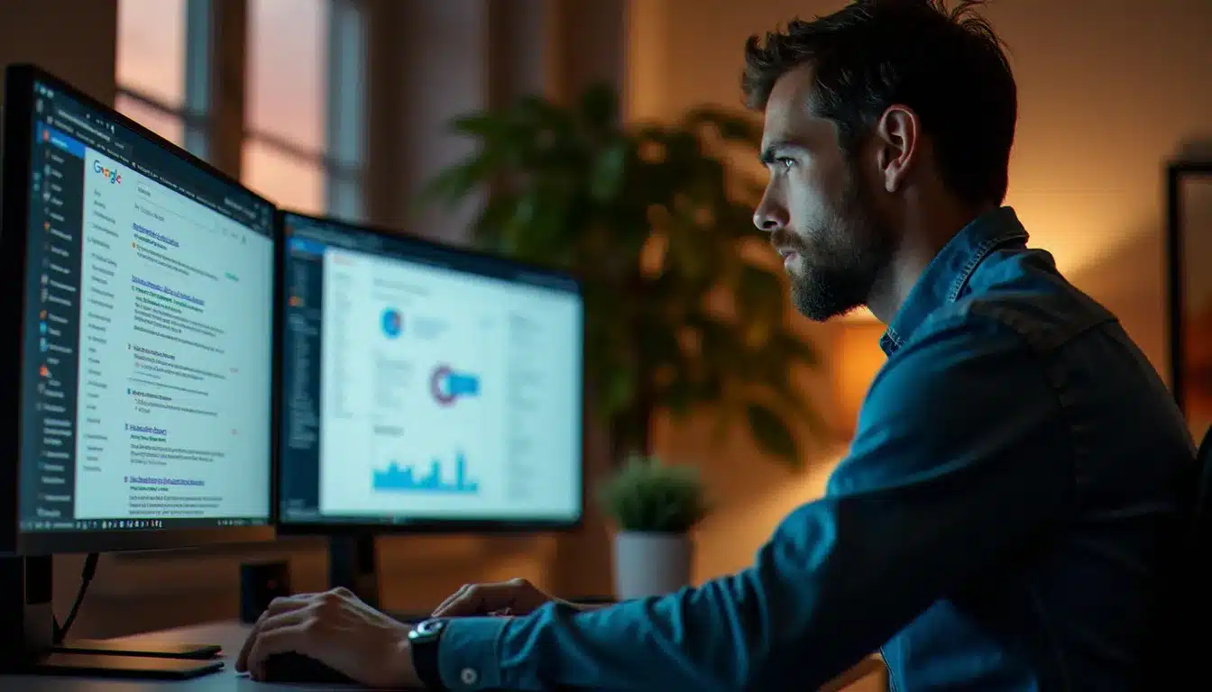 Spécialiste en marketing digital comparant les résultats SEO et SEA sur deux écrans dans un bureau moderne