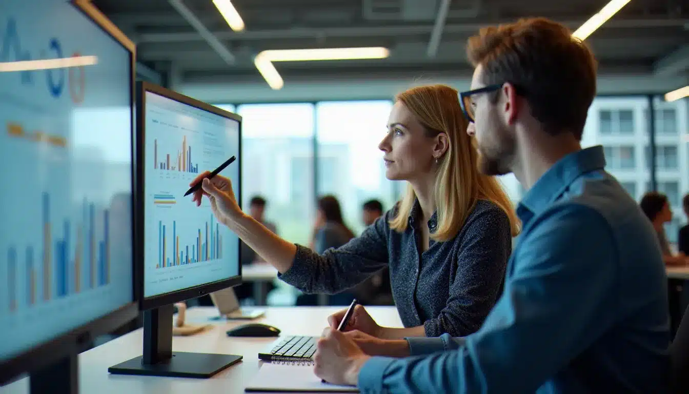 Deux professionnels comparant des outils de gestion des réseaux sociaux Meta sur un écran dans un bureau moderne