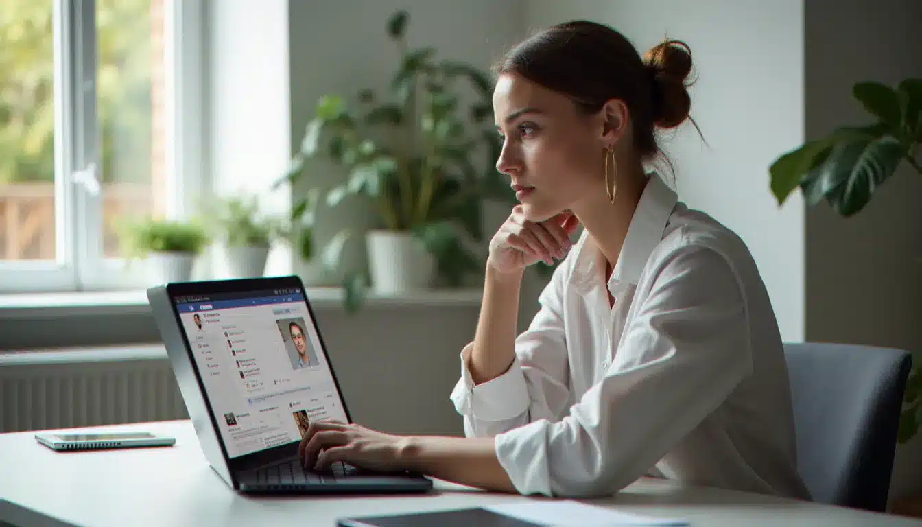 Une professionnelle utilisant Meta Business Suite sur son ordinateur portable pour gérer ses pages Facebook et Instagram depuis son bureau à domicile