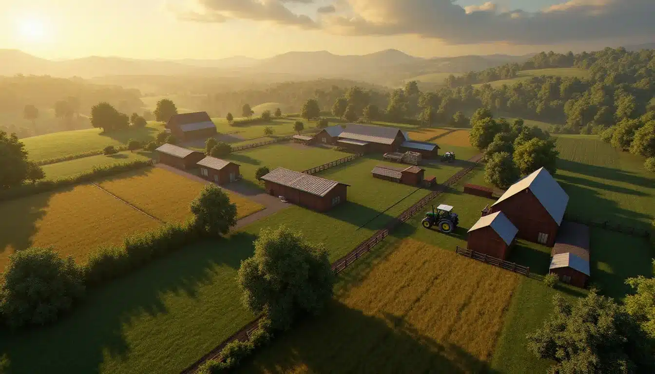 Vue aérienne d'une map alternative dans Farming Simulator 25 avec des champs variés et des bâtiments agricoles, illustrant la diversité des mods de cartes disponibles