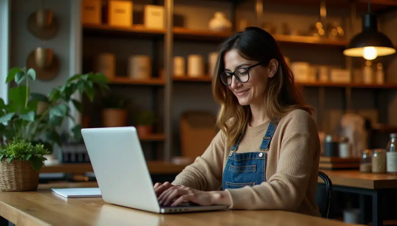 Propriétaire d'une petite boutique configurant sa fiche d'établissement Google sur un ordinateur portable depuis son commerce