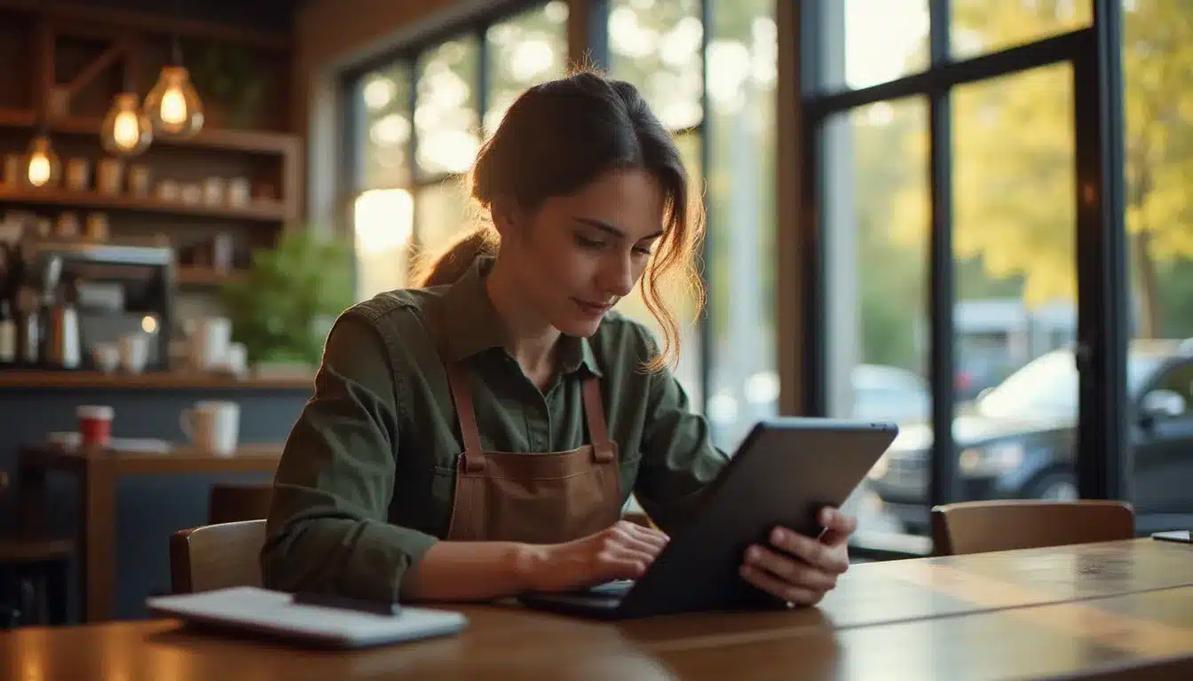 Gérant d'un café consultant les avis clients de son activité Google sur une tablette dans son établissement
