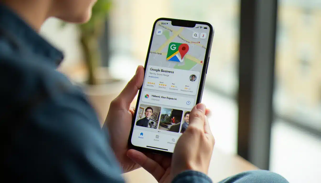 Mains tenant un smartphone affichant une fiche mon activité Google avec des avis et une carte, en lumière naturelle