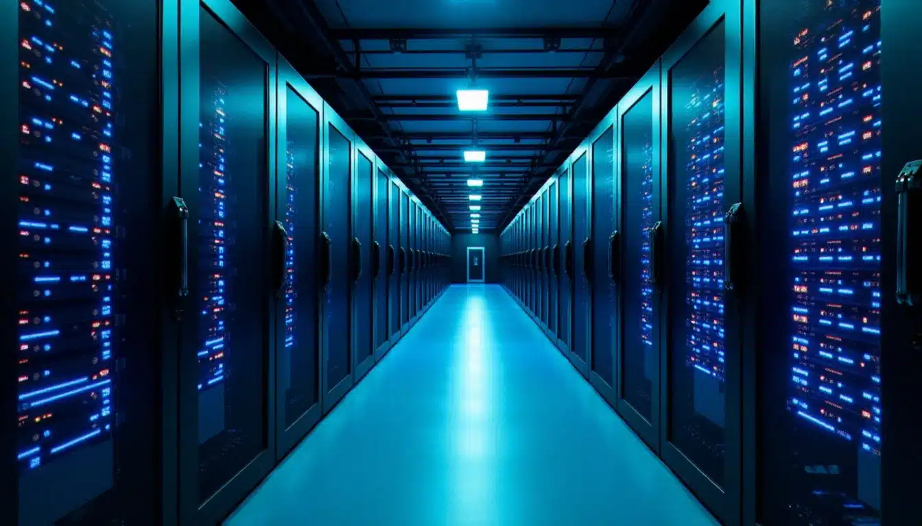 Salle de serveurs moderne représentant l'infrastructure d'hébergement web o2switch avec des baies de serveurs éclairées