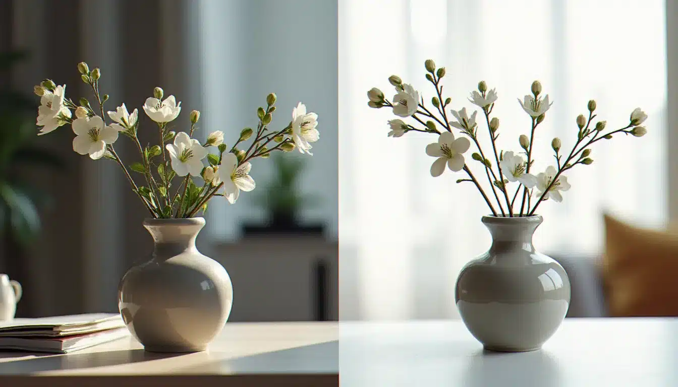 Écran d'ordinateur montrant la comparaison avant-après d'une suppression d'arrière-plan par IA sur une photo de vase en céramique