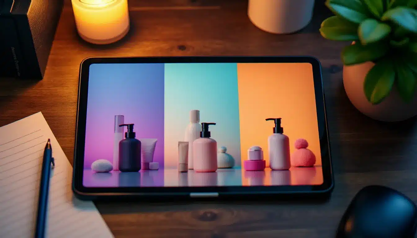 Vue aérienne d'un espace de travail avec une tablette affichant des visuels produits de flacons cosmétiques créés avec un outil de retouche IA