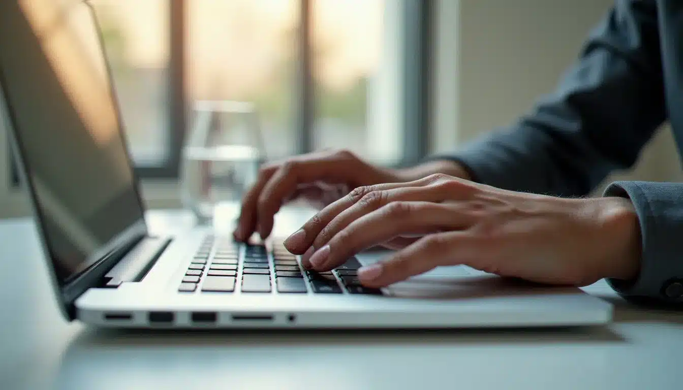 Mains sur un clavier d'ordinateur portable utilisant le raccourci du presse papier Ctrl+C, bureau minimaliste en arrière-plan