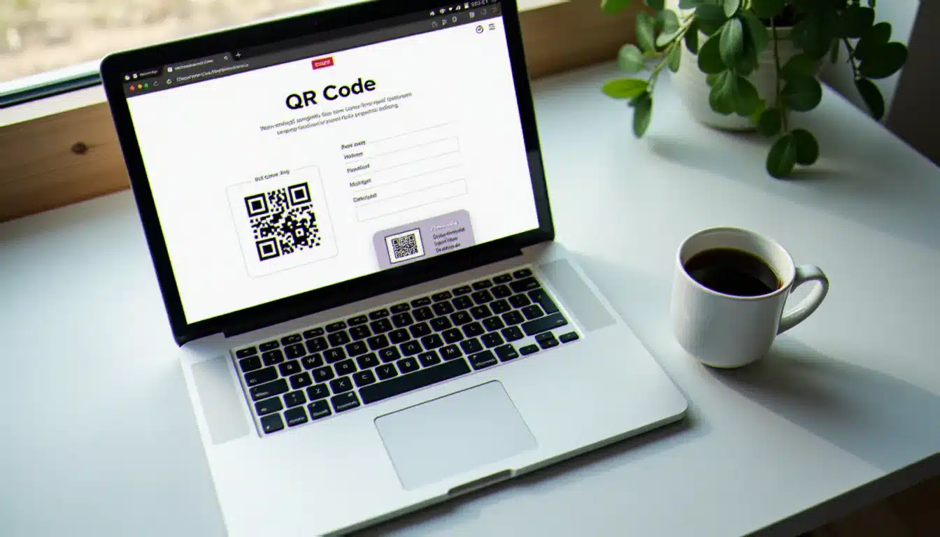 Interface d'un outil en ligne de génération de QR code sur écran d'ordinateur portable, avec un code imprimé posé à côté
