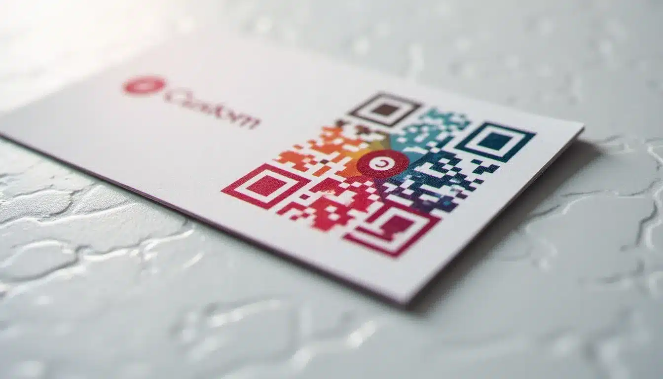 QR code personnalisé avec logo intégré imprimé sur une carte de visite, illustrant les options de personnalisation d'un QR code gratuit