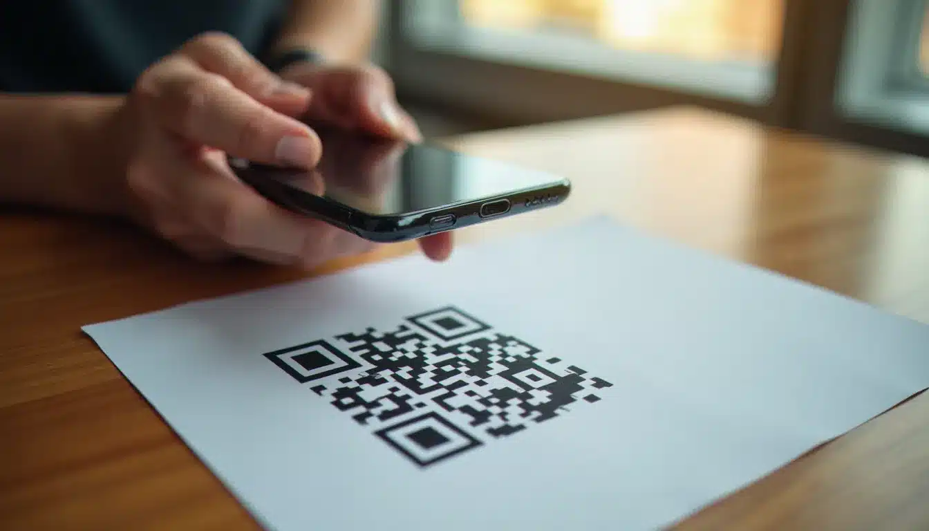 Smartphone en train de scanner un QR code gratuit imprimé sur une carte blanche posée sur un bureau en bois